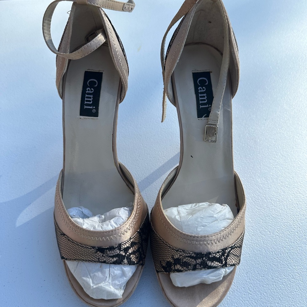 Cami NYC Nude and Black Lace Heels